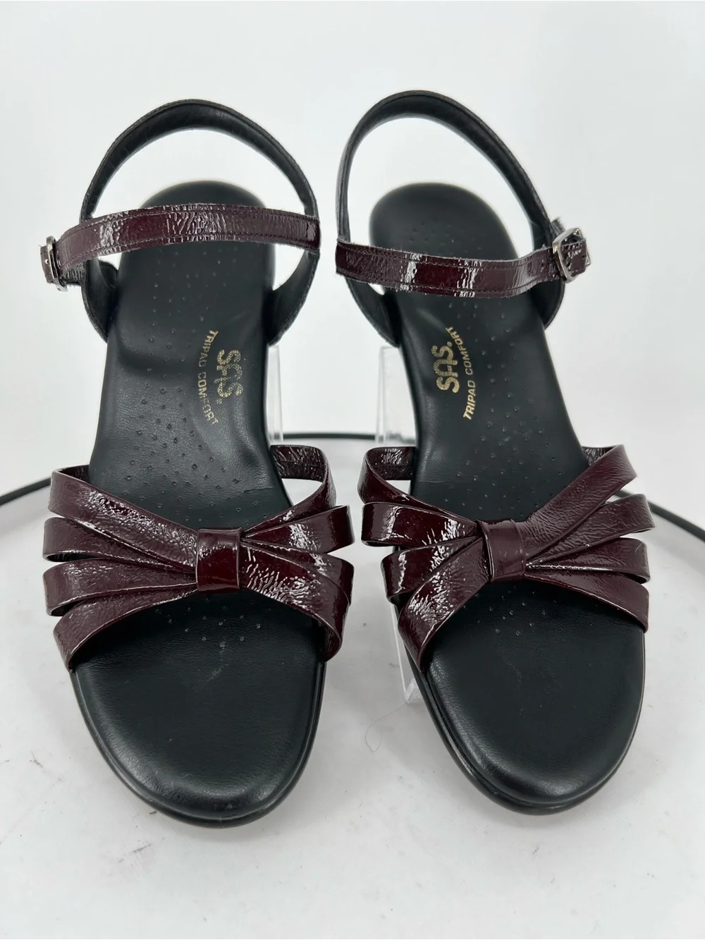 SAS Strippy Burgundy Patent Bow‎ Ankle-Strap Sandals in Deep Burgundy